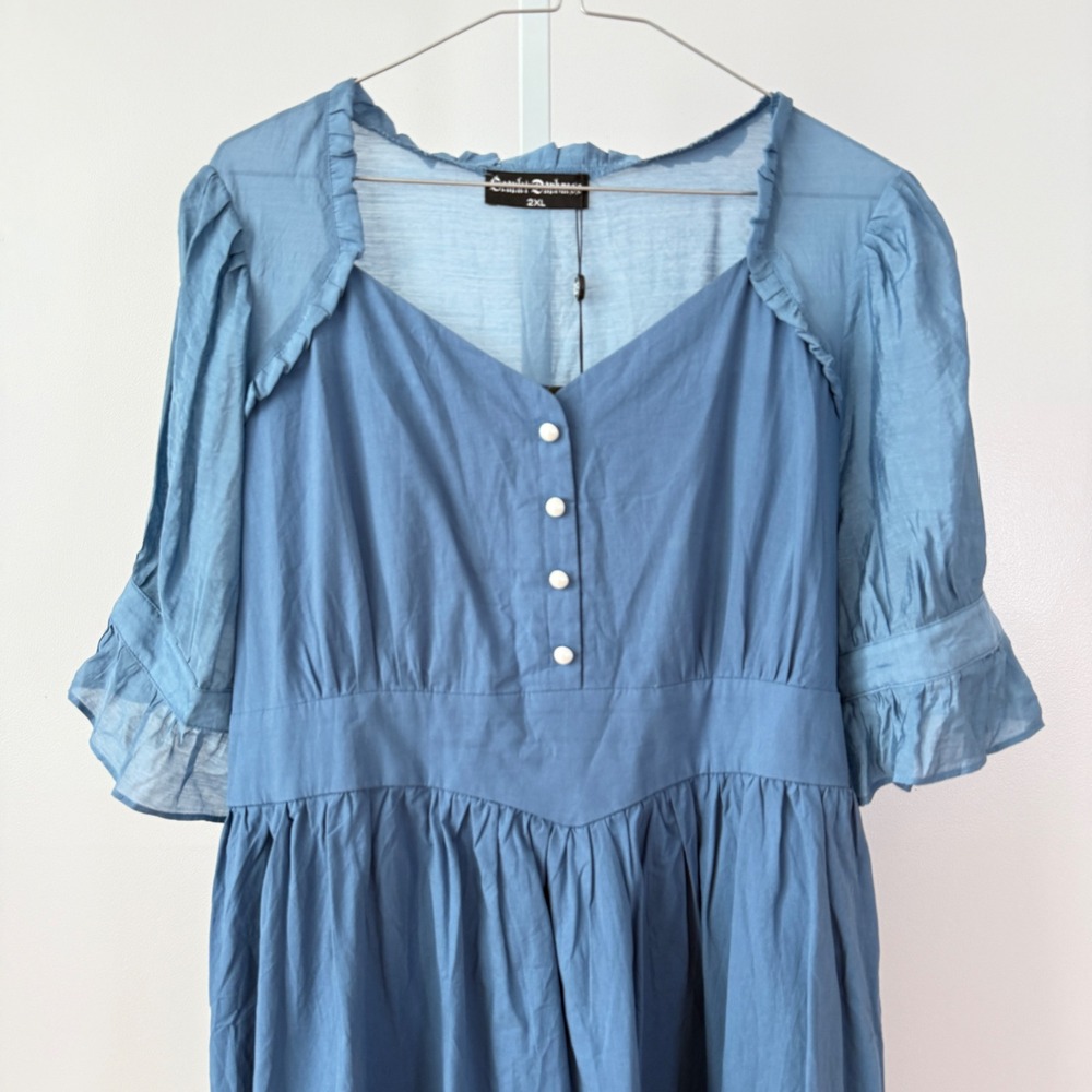 Scarlet Darkness Blue Button Front Midi Dress Tie Waist Sheer Sleeve Women's 2XL - Picture 2 of 8